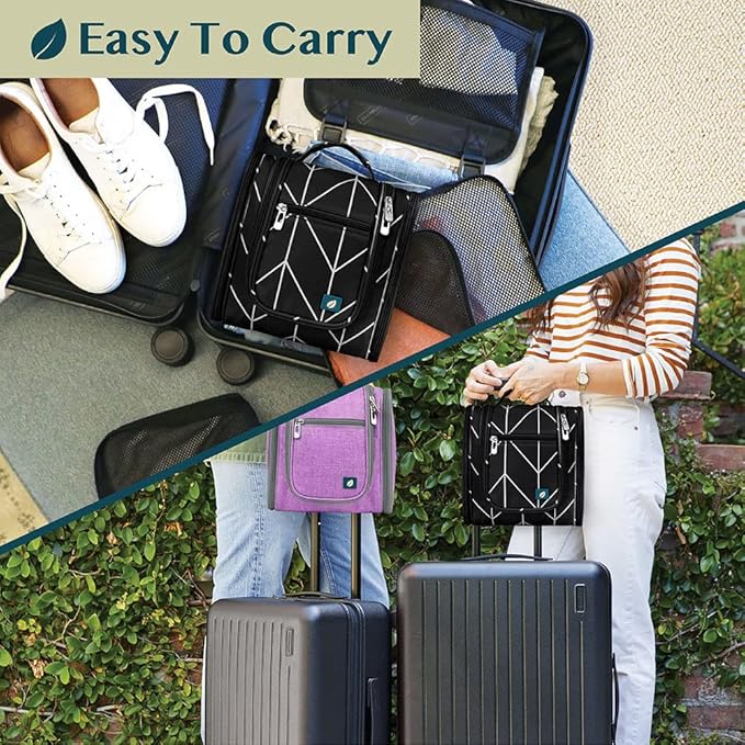 PAVILIA Toiletry Bag Travel Bag for Women Men, Hanging Cosmetic Organizer, Water Resistant Makeup Bag for Accessories Toiletries, Large Travel Essentials Kit (Black Chevron)