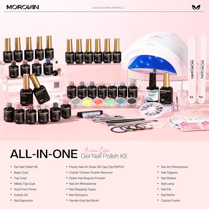 Morovan Gel Nail Polish Kit: 28 Colors With UV/LED Light, Macaron Nude Pink Polish, Nail Art Decorations, Manicure Tools, DIY Salon Home Gifts Tape
