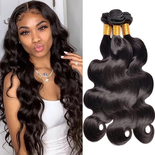 Body Wave Bundles Human Hair 12A Human Hair Bundles 100% Unprocessed Brazilian Virgin Hair 3 Bundle Deals Weave Extensions Real Human Hair Natural Black Color Bundles 24 26 28 Inch