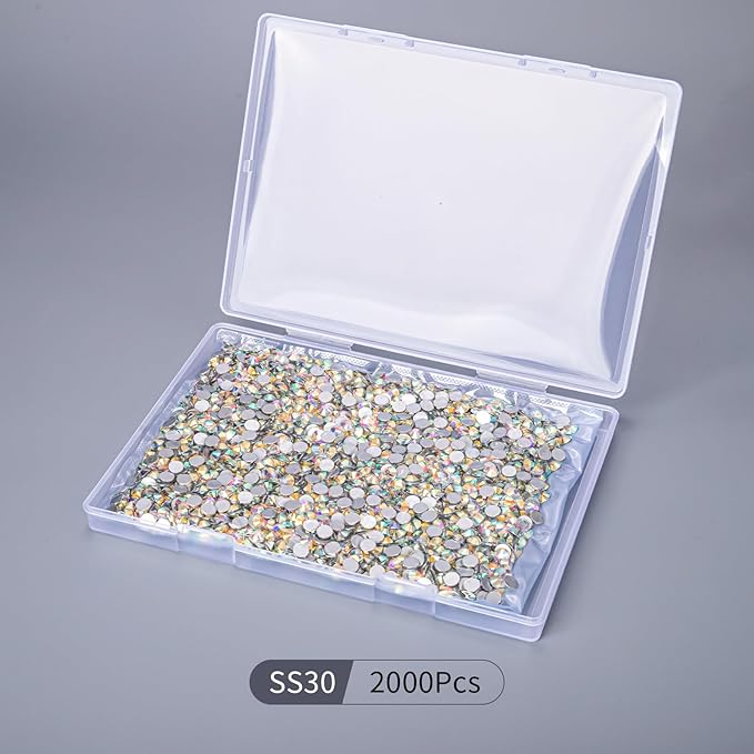 2000PCS Crystal AB Rhinestones Bulk, Flat Back Crystal Glass Stone Round Gems,SS30, 6.4-6.6mm