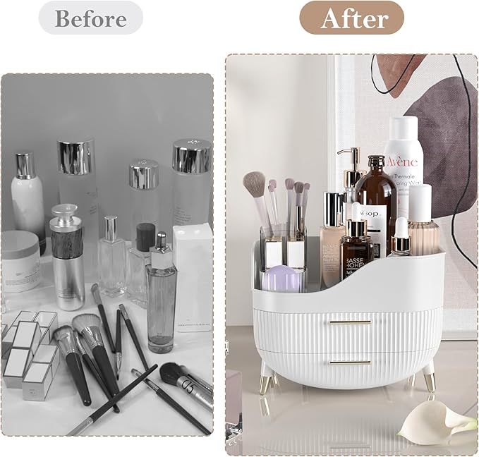 Makeup Organizer for Vanity, Large Capacity Skincare Cosmetic Organizer Countertop with 2 Drawers, Cosmetic Display Cases Makeup Storage Box for Bedroom, Bathroom, Ideal Gifts for Women(White)