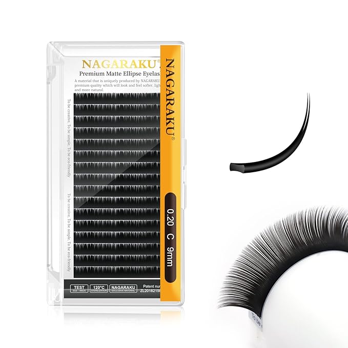 NAGARAKU Double Tips Ellipse Eyelash Extensions Lighter Thinner Flat Split Tips Individual Lash 0.20mm C curl 9mm Matte Black Faux Mink Classic False Lash Supplies 16 Rows