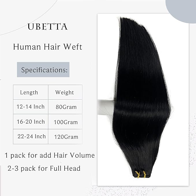 Sew in Hair Extensions Real Human Hair, 14Inch 80G Jet Black Hair Extensions Real Human Hair Bundles Sew in Weft Hair Extensions Human Hair Hand Tied Weft Hair Extensions for Women