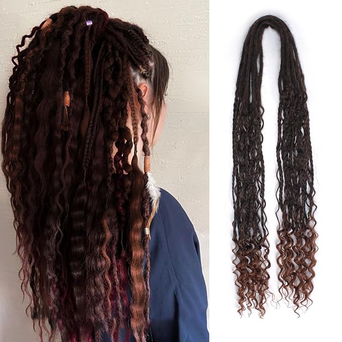 24 In Boho Braid Dreadlock Extensions, 10 Strands Ombre Auburn Synthetic Curly Dreads Extensions with Box Braid, 100% Handmade Dreads Hippie Style Dreadlocks for Woman