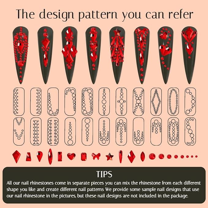 Nail Art Red Crystals Rhinestones Set - 3100pcs Red Nail Gems Diamonds Flatback Jewels for Nails Design, 12 Types of 600 Special-Shaped Diamonds + 2500 Flat-Bottomed Rhinestones Kit