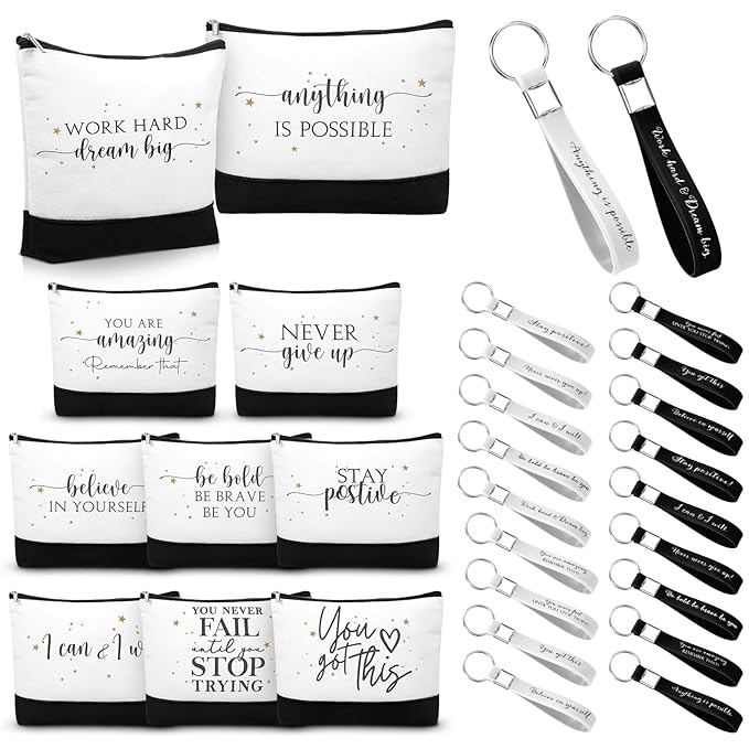 Sanwuta 48 Pcs Mother's Day Thank You Gifts Bag Bulk for Women 24 Make up Bags 24 Appreciation Keychains for Teacher Nurse(Stylish)