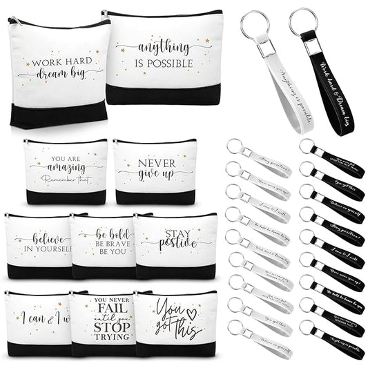 Sanwuta 48 Pcs Mother's Day Thank You Gifts Bag Bulk for Women 24 Make up Bags 24 Appreciation Keychains for Teacher Nurse(Stylish)