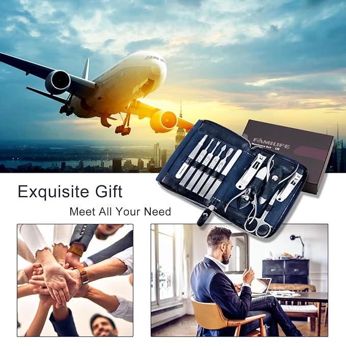 Manicure Kit, FAMILIFE Professional Manicure Set Nail Kit, 11 in 1 Stainless Steel Nail Clippers Set for Men Pedicure Kit, Men Grooming Kit with Portable Blue Leather Travel Case Luxury Gifts for Him