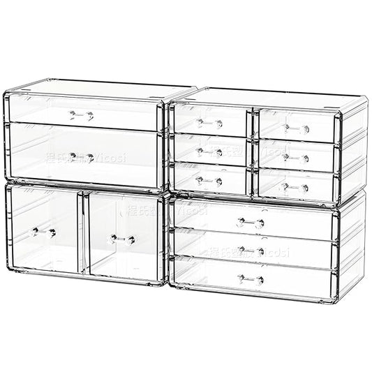 Cq acrylic 4 Pack Clear Acrylic Drawer Organizer Countertop,Stackable 13 Drawers Makeup Storage, Cube Make up Organizer for dresser Hair Clip,Beauty Product Desk and Bathroom Organizers and Storage