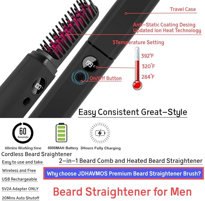 Beard Straightener for Men, Heated Beard Brush, Cordless Beard Hot Comb for Medium to Long Beards, with Travel Case, Rechargeable, 3 Temp Settings, Ionic Technology, Grooming Gift for Men(Black)