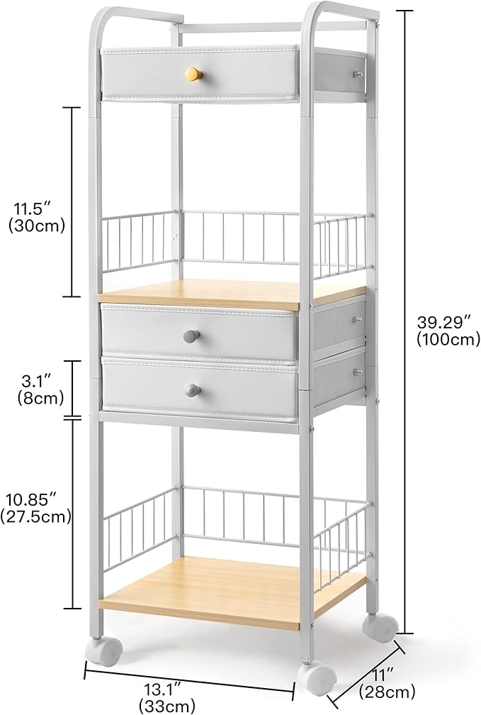 HBlife Floor Makeup Organizer Storage Cart, Make Up Organizers with Drawers, Vanity Cosmetics Display Cases Holder for Skincare Nail Polish Perfume, Bathroom Organizer Shelf with Wheels