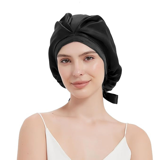 RachelSilk 100% Mulberry Silk Sleep Cap, Grade 6A 19 Momme Silk for Women Hair Care, Night Bonnet with Elastic Stay On Head, Sleep Cap After Shower, for Small -Medium Head Size (Black)