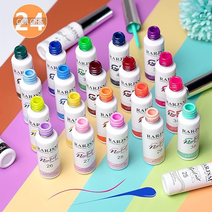 RARJSM Nail Art Gel Liner 24 Color Line Art Painted Gel Nail Polish Set Pink Blue Green Silver Gold Glitter for Nails Painting Drawing Soak Off UV LED Curing Requires Bulid in Thin Nail Art Brush
