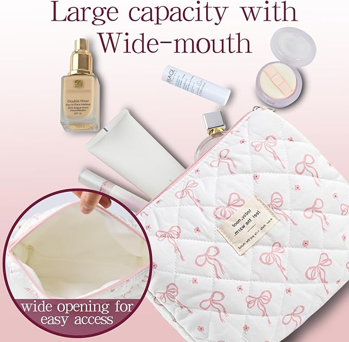 3Pcs Quilted Makeup Bag, Cute Floral Cotton Cosmetic Bag set, Coquette Bow Makeup Pouch Large Travel Toiletry Bag