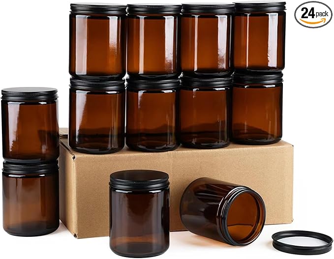 24 Pack Amber Glass Jars, 8 Oz Thick Amber Round Glass Jars, with Black Metal Lids, for Spice, Liquid, Sample, Leakproof and Dishwasher Safe