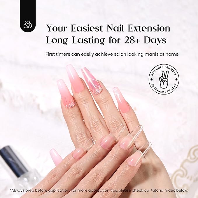 Beetles Gel Nail Kit 600Pcs Long Coffin Nail Tips with Pink Gel Polish Top Coat,15 Sizes Soft Clear Press on Nails 5 In 1 Nail Glue Uv Lamp Easy Nail Extension Set for Women