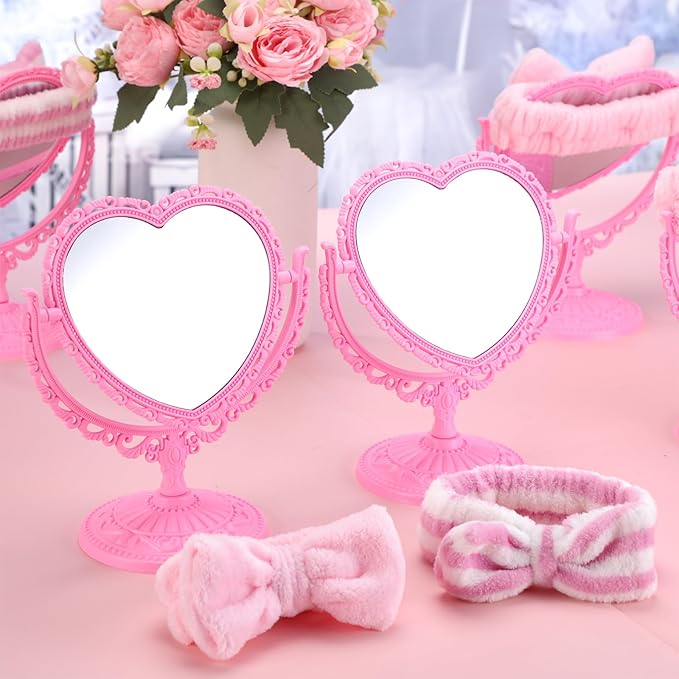 8 Sets Spa Party Mirror 8 Heart Makeup Mirror for Spa Sleepover Slumber Birthday Party Favor Supplies(Pink)