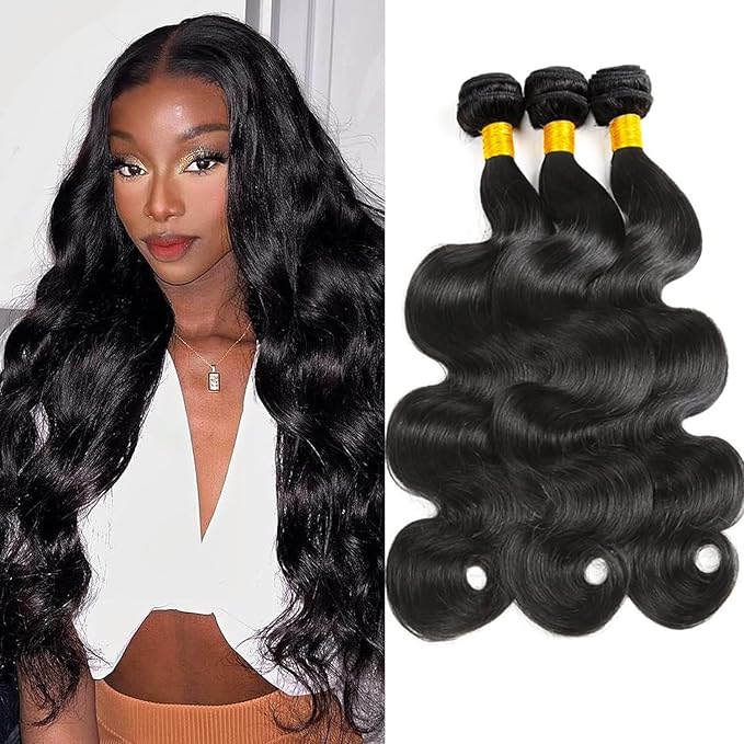 Body Wave Bundles Human Hair 3 Bundles 12 14 16 Inch 100% Unprocessed Brazilian Virgin Hair Weave Bundles Deals Human Hair Weft Body Wave Hair Extension for Black Women Natural Black