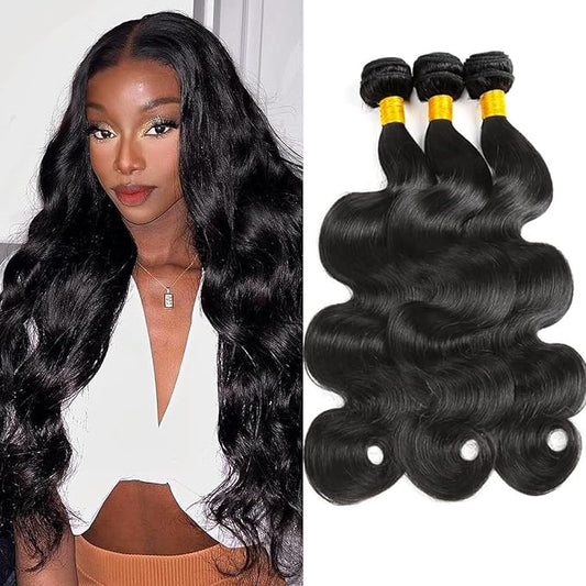 Body Wave Bundles Human Hair 3 Bundles 12 14 16 Inch 100% Unprocessed Brazilian Virgin Hair Weave Bundles Deals Human Hair Weft Body Wave Hair Extension for Black Women Natural Black
