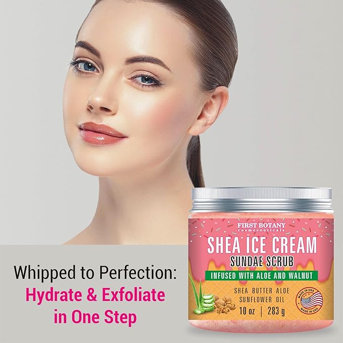 First Botany Body Scrub - Natural Exfoliating Salt Scrub & Body and Face Souffle helps with Moisturizing Skin, Acne, Cellulite, Dead Skin Scars, Wrinkles (10 fl oz, Shea Icecream)