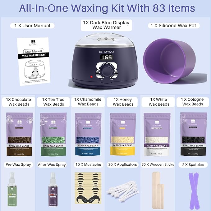 BLITZWAX Brazilian and Bikini Waxing Kit for Men, Hard Wax Warmer for Face, Legs, and Body, At Home Hair Removal Kit, Beginner Friendly, Quick Heating, 30 Nose Wax Sticks