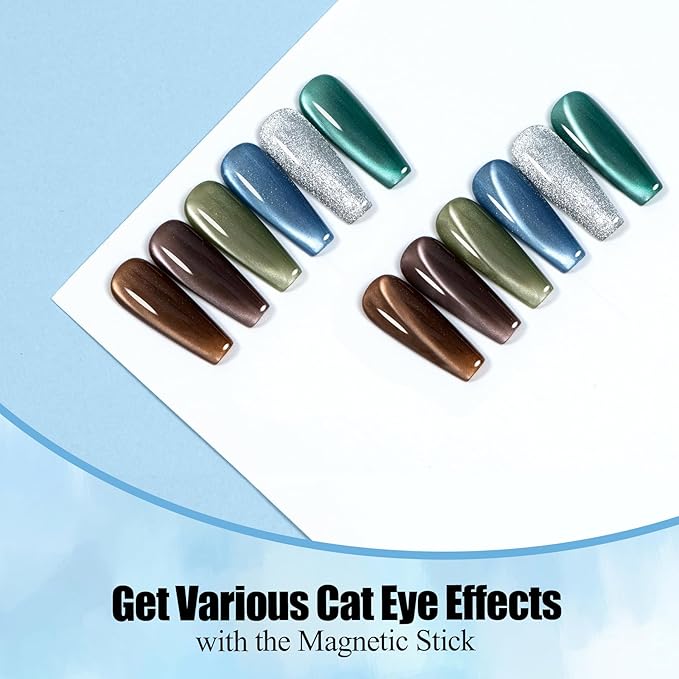 Adhere 6Pcs 12ML Cat Eye Soak Off UV LED Gel Nail Polish, Sparkling White Cat Eyes Reflective Glitter Cat Eye, Sparkling Diamond Magnetic Flash Color with Magnet