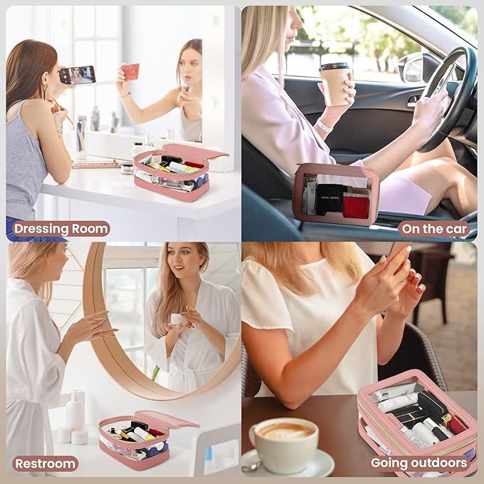 Clear Makeup Bag, Travel Clear Cosmetic Bag and Makeup Brush Bag, Transparent Portable Makeup Case, Waterproof Toiletry Bag with Zipper for Women, Pink