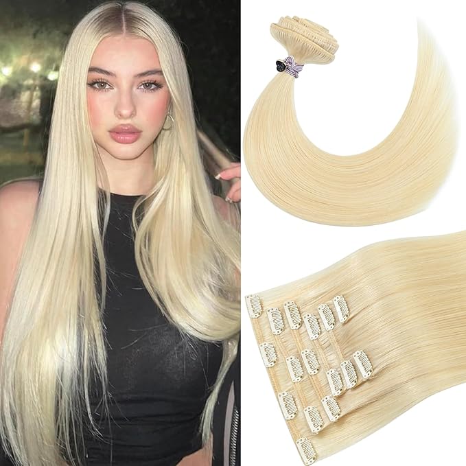 Blonde Hair Extensions Real Human Hair 12 Inch 75g Remy Human Hair Straight Clip ins for Women #60 Platinum Blonde Clip in Hair Extensions