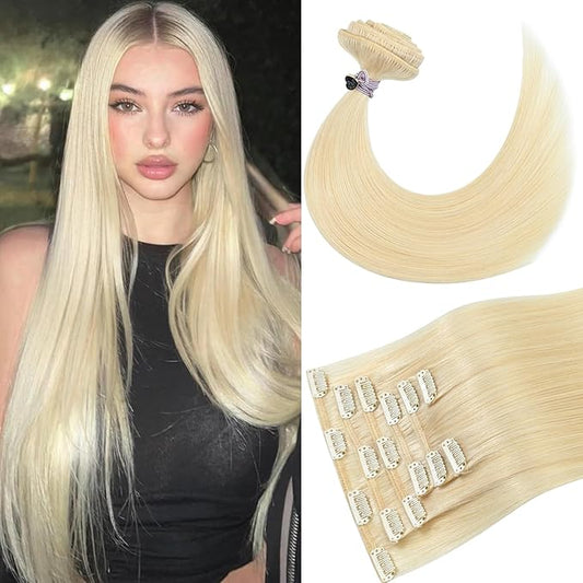 Clip in Hair Extensions Platinum Blonde Extensions Real Human Hair 20 Inch 75g Straight Clip in Hair Extensions for women Natural and straight Hair