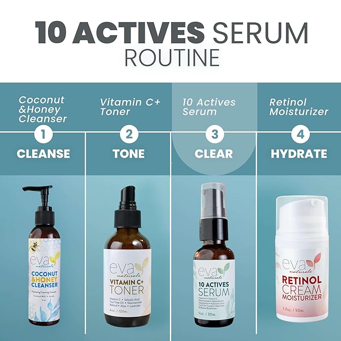 Eva Naturals 10 Actives Serum – Vitamin C, Niacinamide, Hyaluronic Acid, Turmeric, CoQ10 – Natural Anti Aging Face Serum for Dark Spots, Wrinkles, Acne, Skin Care & Facial Spot Remover