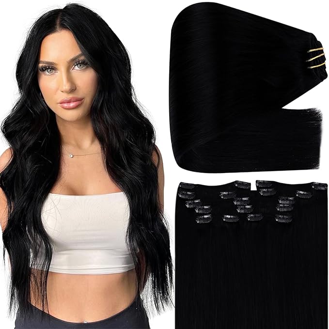 Full Shine Jet Black Clip in Hair Extensions Human Hair 150 G Thick Human Hair Extensions Clip ins for Women Black Hair Extension for Volume 20 Inch 7 Pcs