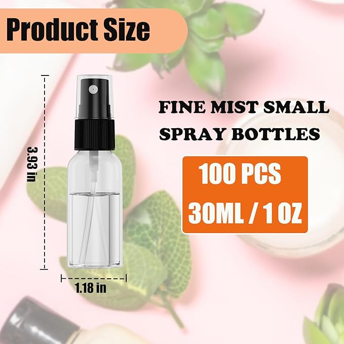 EVANCENT 100Pack Small Spray Bottles 1oz, 30ml Travel Spray Bottle with Black Fine Mist Sprayer, Mini Empty Refillable Containers Portable Cosmetic Bottles for Plants, Cleaning, Misting & Skin Care