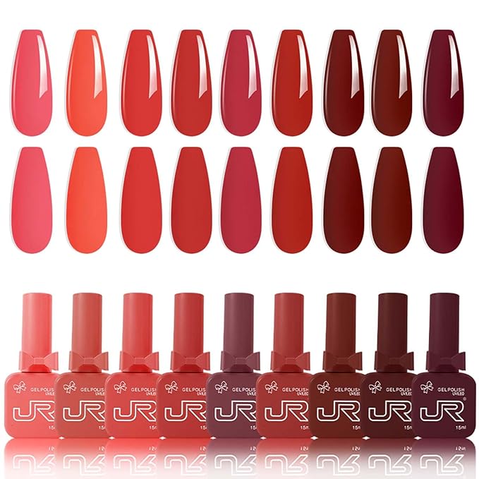 JR 9pcs 0.5oz Gel Nail Polish Kit Deep Red Burgundy, Wine, Crimson & Glitter Shades in Bow Bottles Gel Polish Kit Soak Off Gel Polish For Nail Salon Gift J