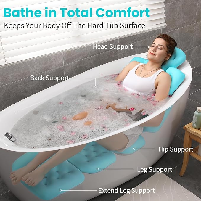 Full Body Bath Pillow for Bathtub, Thick Bathtub Cushion with Laundry Bag, Luxury Tub Pillow for Bath for Headrest Neck and Back Support Ocean Blue 60" x 16"