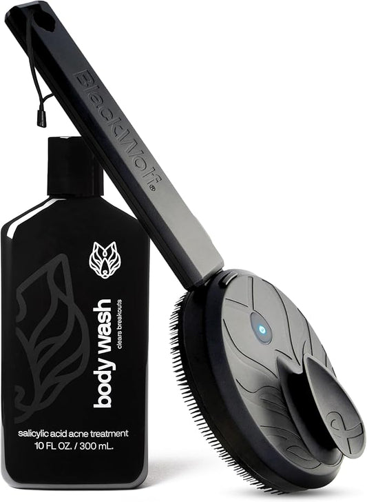 Black Wolf Body Wash & Sonic Scrubber Pro Kit for Men - Vibrating Face & Body Brush with Charcoal Powder Shower Gel, Water Resistant Massage Brush & Salicylic Acid Body Wash, Rich Lather & Deep Clean