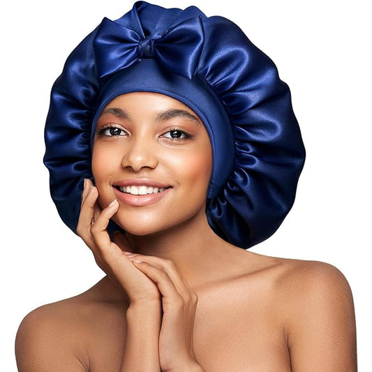 Umisleep Large Silk Bonnet for Sleeping Women, 100% Double Layer 22 Momme Mulberry Silk, Non Slip Hair Bonnet with Adjustable Band for Curly Long Hair, Navy Blue