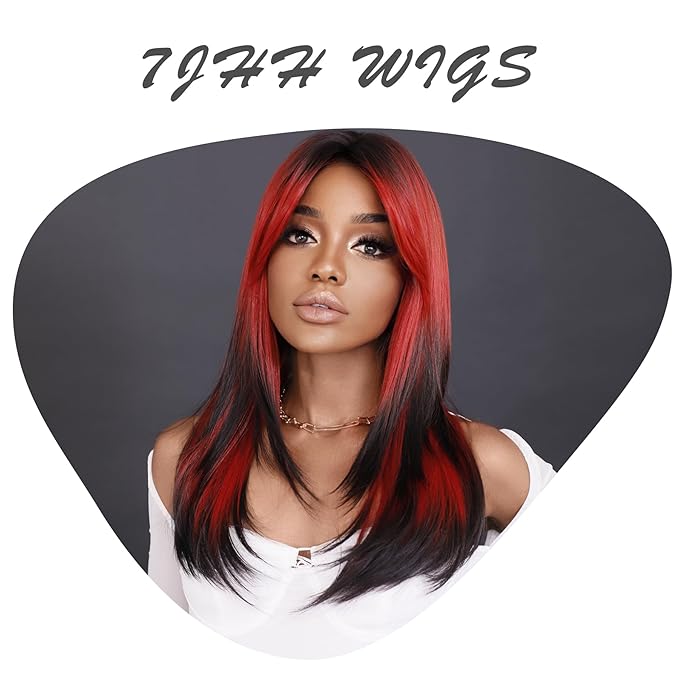 7JHH WIGS Long Wavy Wig Red and Black Layered Wig with Curtain Bangs, Synthetic High Density Heat Resistant Hair Straight Wig ends dyed black for Daily Party 25 Inches