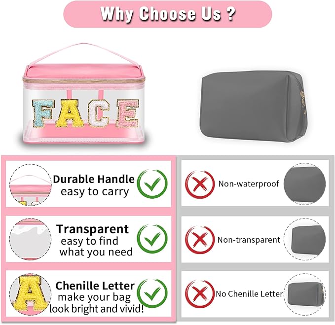 Chenille Letter Clear Makeup Bags Face Pouch, Preppy Patch Makeup Bag Zipper with Handle, Transparent PVC & Nylon Waterproof Glitter Cosmetic Handbag Travel Toiletry Storage for Women Girl(FACE-Pink)