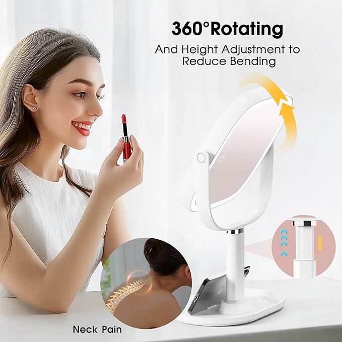 Makeup Vanity Mirror with Lights - 10x/1x Magnifying Mirror with Light, Rechargeable Desk Mirror with 3-Color Lighting & Memory Function, 360° Adjustable Table Mirror, Gift for Women (White)