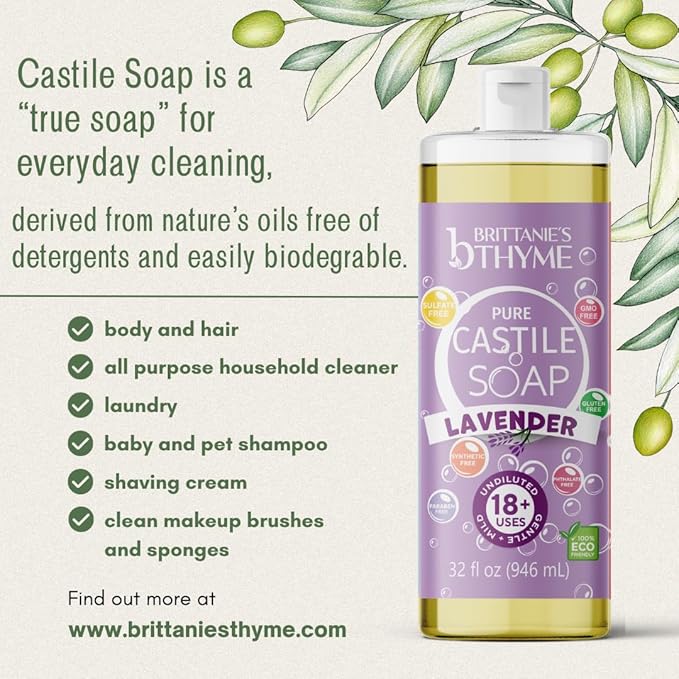 Brittanie’s Pure Castile Liquid Soap Refill, Lavender, 32 Ounce 2 Pack | Dish Soap, Hair & Body, Home, Gentle and Pure, Made with Natural Luxurious Oils, Vegan & Gluten Free Non-GMO
