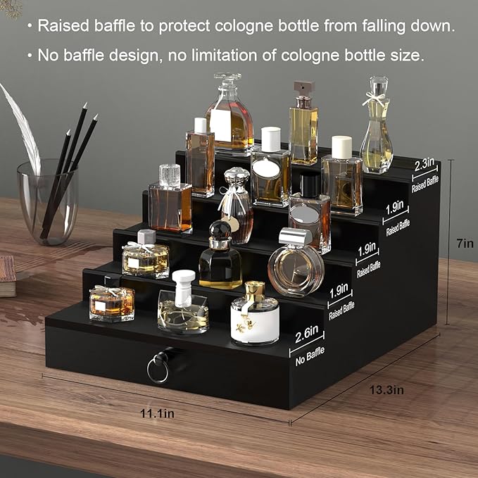 Cologne Organizer for Men, 5 Tier Black Cologne Shelf, Perfume Stand with Drawer and Hidden Compartment Perfume Display Holder - A Gift for Men