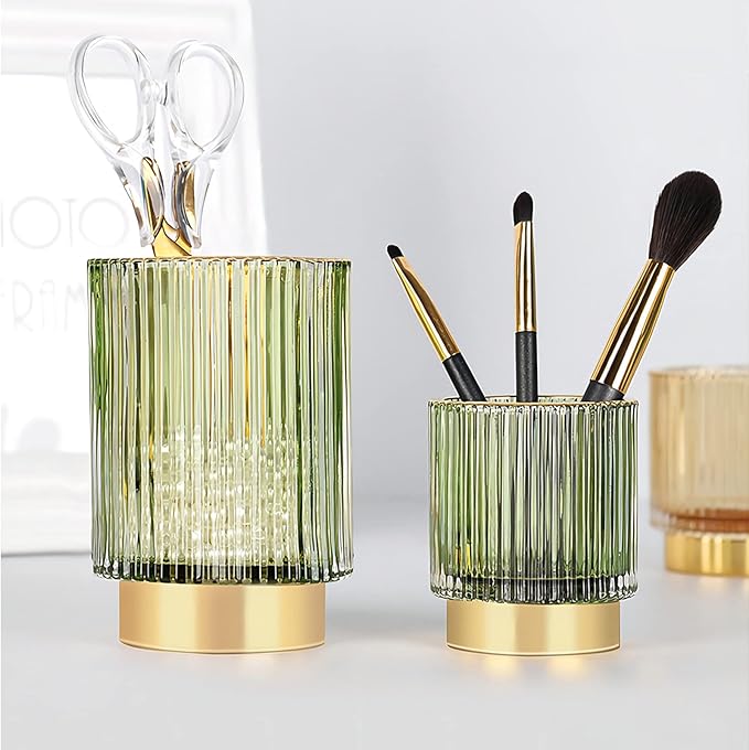 DASITON Makeup Brush holder Organizer,Crystal Cosmetic Glass Storage Holder, Vintage Make Up Brush Cup Pen Pencil Holder striped vase(Green S+L