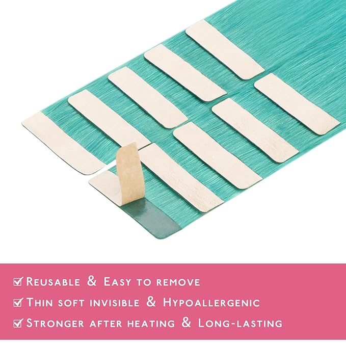 WENNALIFE Tape in Hair Extensions Human Hair Teal Green Tape in Extensions, 10pcs 20g 10 inch Remy Invisible Tape Ins Straight Colored Soft Real Human Hair Tape in Extensions Refill Set Extensions