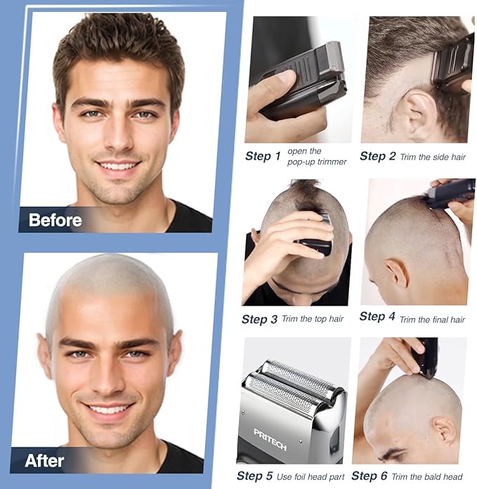 PRITECH Foil and Bald Shavers 2 in 1 Electric Shaver for Men Foil Blade and PopupTrimmer with Rechargeable 3 Adjustable Speeds Men's Shaver (Black Silver)