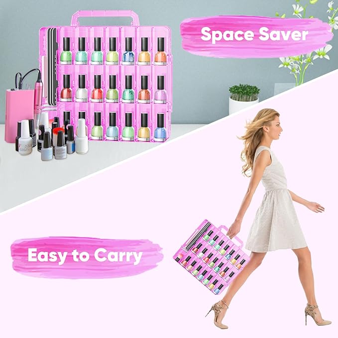 JIASHENG Nail Polish Organizer Case for 48 Bottles, Gel Nail Polish Storage Holder Double Side Adjustable Space Divider for Acrylic Nail Gel Dip Powder Tips Set with Two Toe Separator, Pink