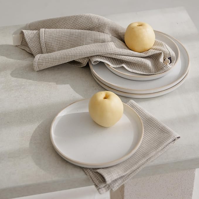 Linen Kitchen Towels - Waffle Towels 16x28-inch - Linen Hand Towels for Bathroom - Set of 2 Dish Towel White-Natural Lightweight Stonewashed Quick-Dry