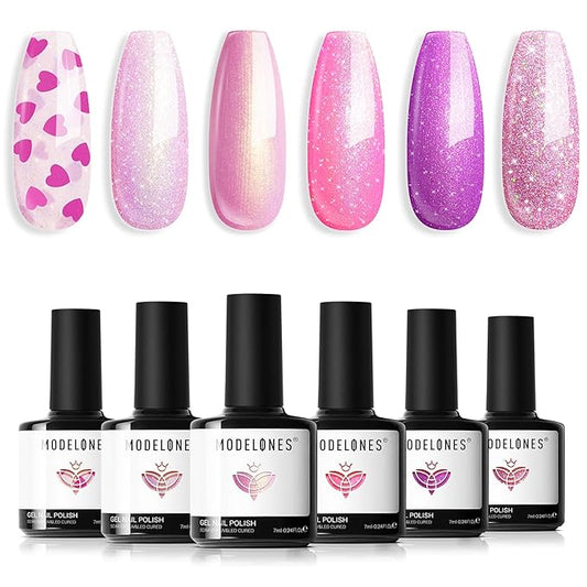 modelones Gel Nail Polish Set 6 Colors Pink Gel Polish Glitter Hot Pink Purple Shades Mermaid Love-heart Glitter Gel Polish Shimmer Soak Off LED Spring Nail Art DIY Mothers Day Gift For Women Girl