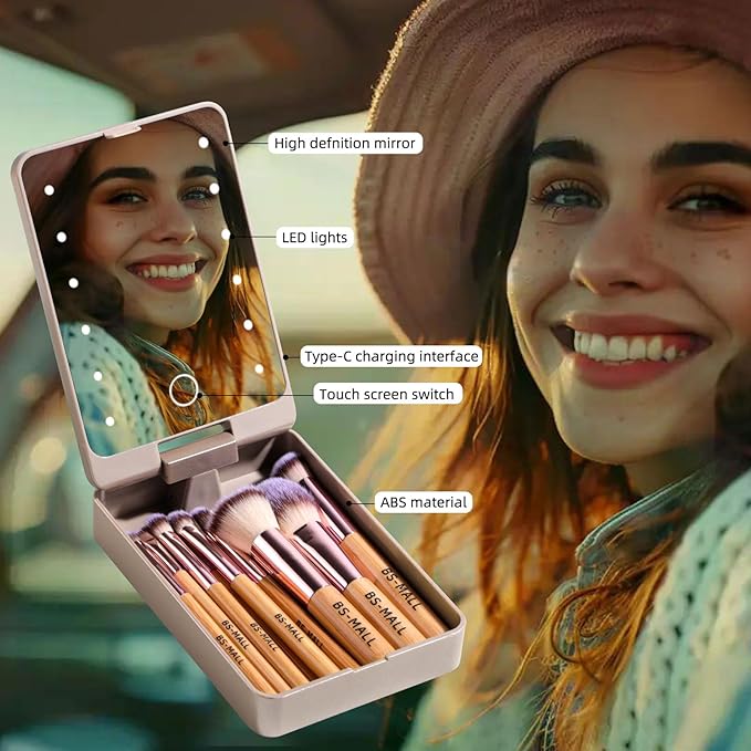 BS-MALL Travel Makeup Brush Set Foundation Powder Concealers Eye Shadows Makeup Set with LED light Mirror 14 Pcs (B-Bamboo)