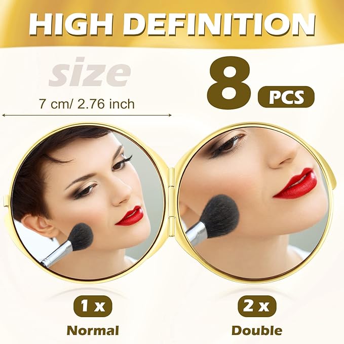 Yalikop 8 Pcs Portable Folding Compact Mirror Bulk with 1X 2X Magnification Double Sided Mini Travel Makeup Mirror for Women Bridesmaid Gifts(Gold)