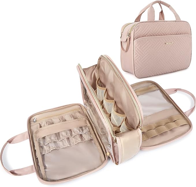 BAGSMART Travel Makeup Bag - Water-resistant Cosmetic Organizer for Full Sized Toiletries, Shampoo, and Accessories (Pink, Large)